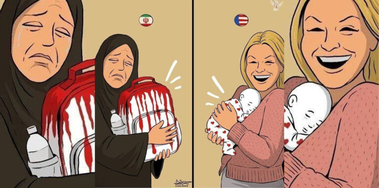یمنی کارٹونسٹ کا وائٹ ہاؤس کی خوشی پر طنز، ایرانی بچوں کی شہادت کا یادگار کارٹون