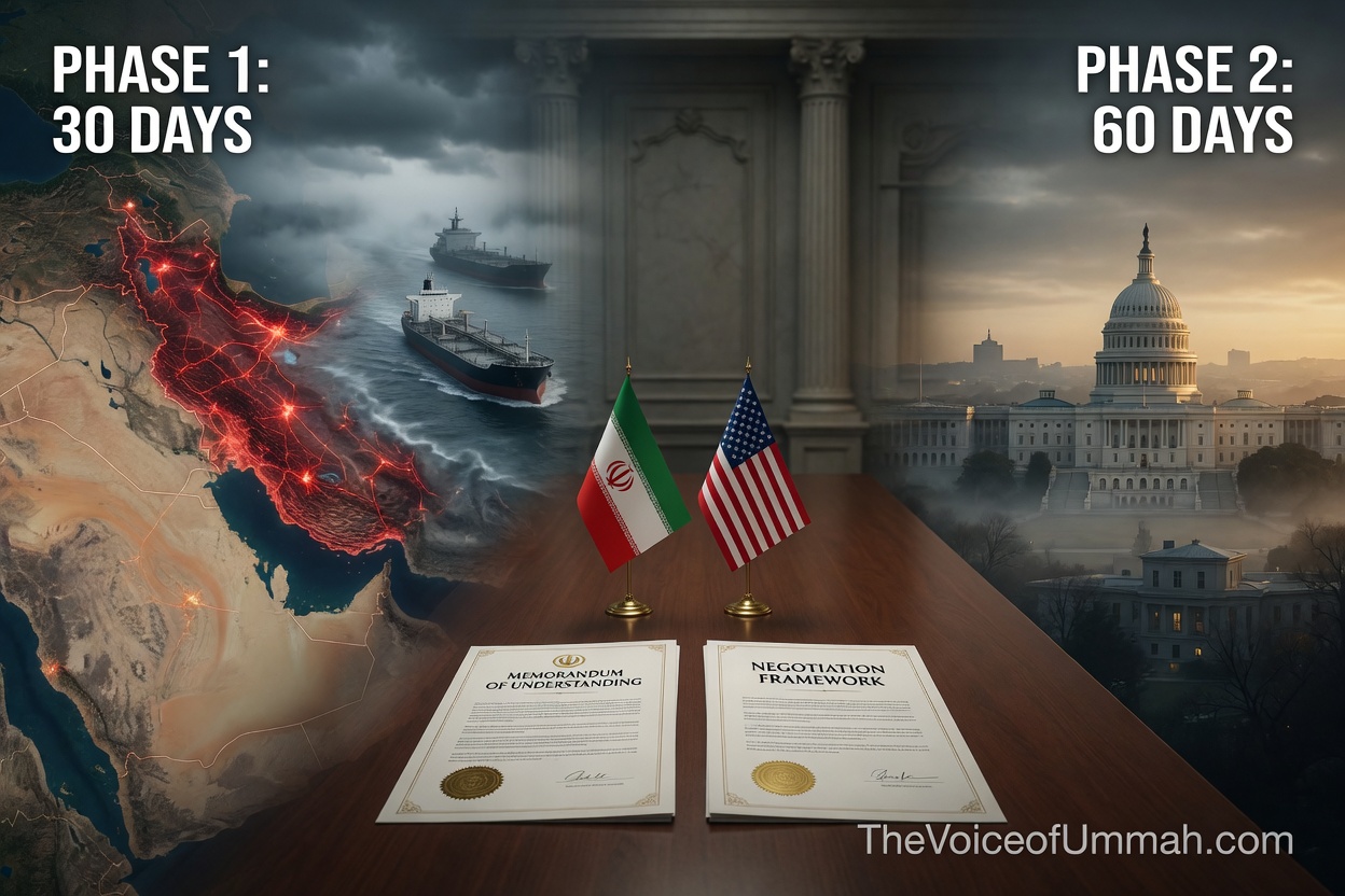 Iran-US Memorandum of Understanding to Have Two-Phase Structure: 30 Days + 60 Days Negotiations Reference image is for news context only. Create a new original realistic editorial news image about the same story, but without showing any people, politicians, journalists, crowds, faces, or human figures. Use only symbolic and factual news visuals such as maps, flags, city skylines, ships, aircraft, military vehicles, buildings, borders, roads, smoke, weather scenes, economy visuals, disaster scenes, documents, or location-based imagery according to the topic. Do not copy the original image, do not add fake personalities, do not create unrelated scenes, and do not add extra text or logos. Keep it realistic, professional, and suitable for a serious international news website. Add a subtle semi-transparent watermark: TheVoiceofUmmah.com Iran US memorandum of understanding two-phase framework