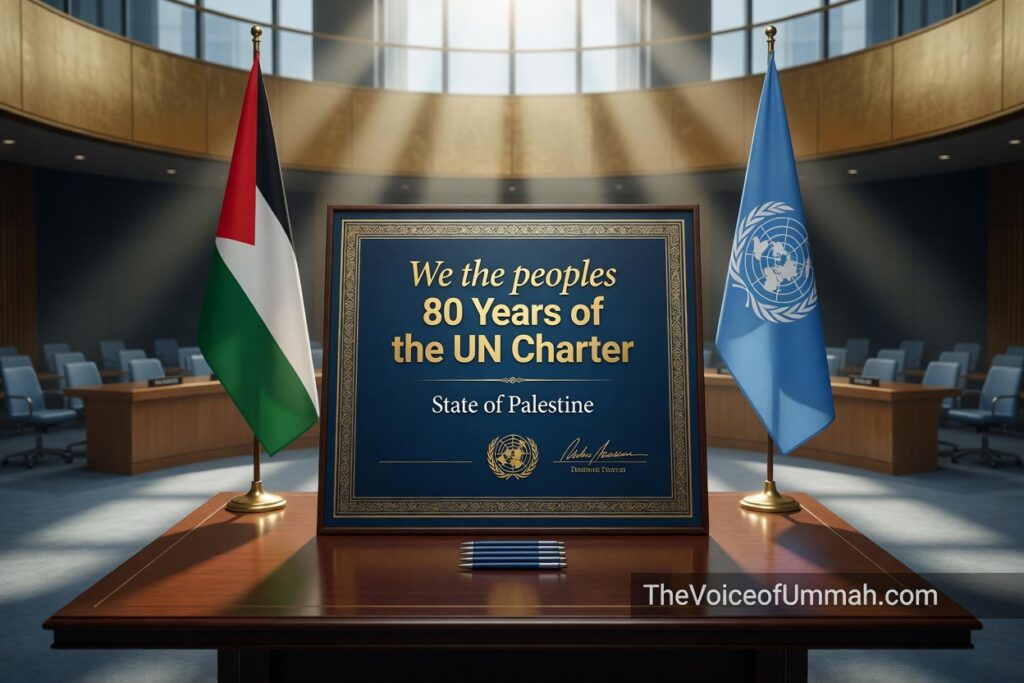 Palestine’s Permanent Representative Riyad Mansour signs UN Charter 80th anniversary commemorative board